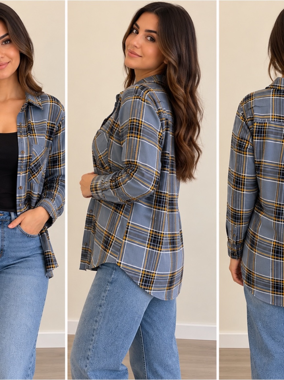 Women's Grey Plaid Button-Down Shirt with Yellow Accents